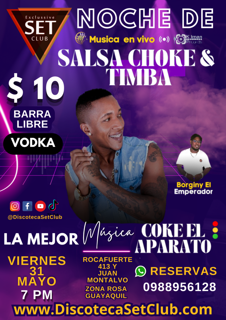 Concierto de Salsa Choke con Coke El Aparato, artista colombiano. Discotecas en Guayaquil Discoteca Set Club Guayaquil. La Mejor Discoteca de Guayaquil, Centro Zona Rosa Turística, SET CLUB. Las Mejores Farras. El Mejor Ambiente Nocturno. Los Mejores Tragos. Centro de Diversión Nocturna. Las Mejores Discotecas